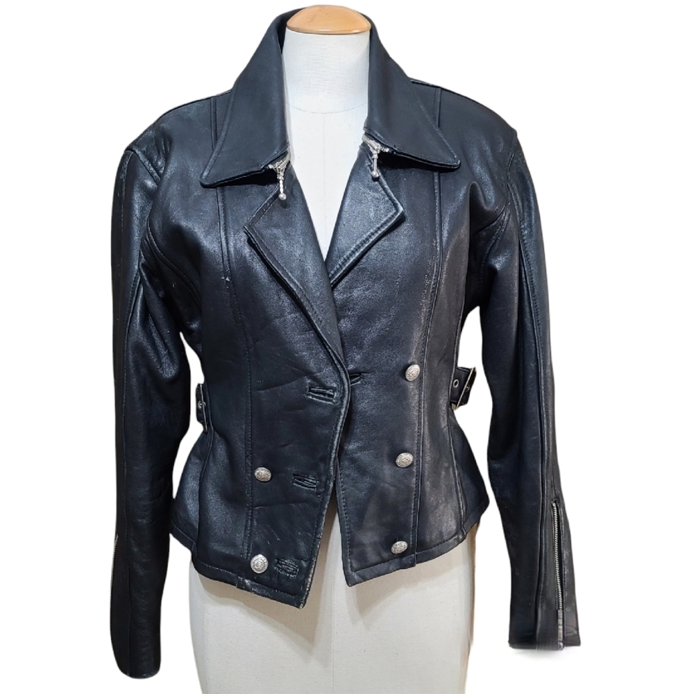 *SOLD* Pelle Club Vintage 1980s Black Genuine Leather Biker Jacket Womens S - Picture 1 of 10